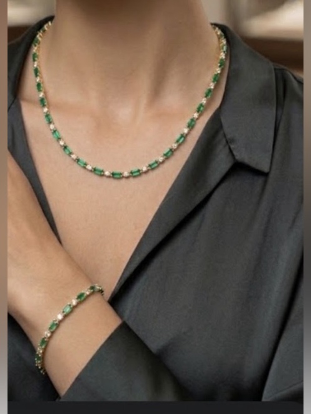 New Gold and Green Baguette Tennis Choker and bracelet Set
